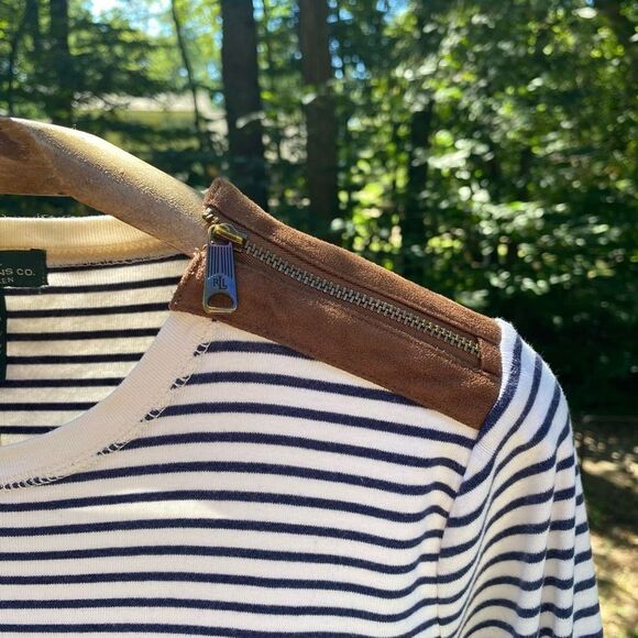 Lauren Jeans Co Navy Blue Stripe Elbow Patch Zipper Top - Picture 3 of 6